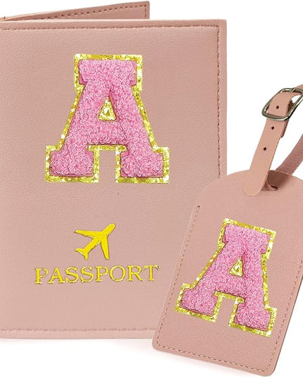 COSHAYSOO Initial Passport Cover Luggage Tag Set Letter Passport Holder Airplane Cruise Travel Essentials Vacation Traveling Accessories Personalized Gifts for Women Teen College Girls Pink A