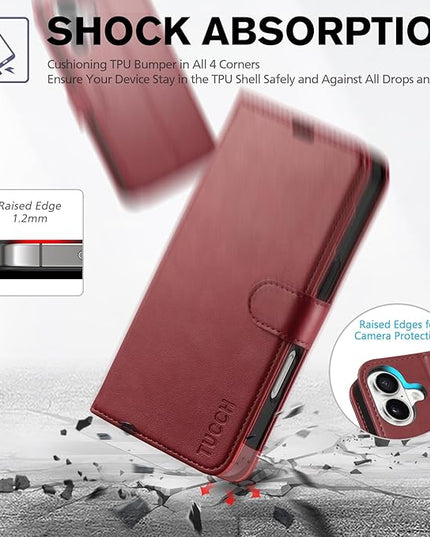 TUCCH Case Wallet for iPhone 16, [RFID Blocking] PU Leather Stand Folio Cover with 4 Card Slots [TPU Protective Interior Shell], Magnetic Flip Case Compatible with iPhone 16 5G 2024, Dark Red