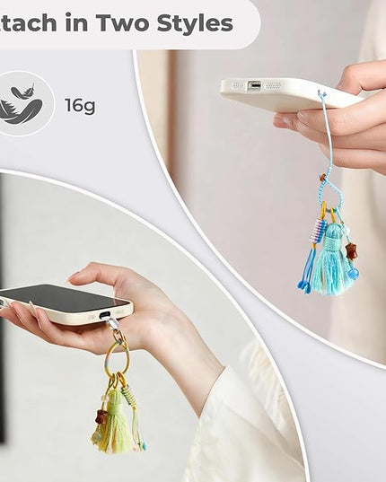 Boho Phone Charm with Tassel, Handmade Macrame Woven Phone Accessory, Cute Aesthetic Crystal & Wood Beaded Pendant Decoration for Cellphone, Bag, Keys