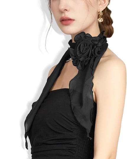 Chiffon Scarf for Women, Removable Flower Neck Scarf Light Soft Fashion Rose Scarves Versatile Headband or Hair Band