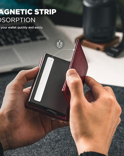 VULKIT Pop up Card Wallet Minimalist Cash Wallets RFID Blocking Leather Smart Credit Card Holder with ID window for Men (Wine)