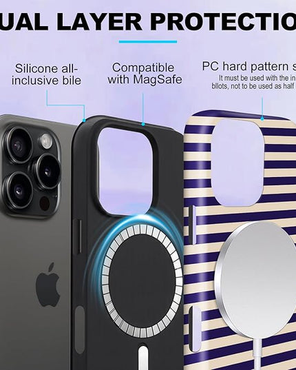 Magnetic for iPhone 15 Plus Case Cute Stripes Phone Case, Shockproof Slim TPU and Hard PC Protective Phone Cover Compatible with MagSafe Designed for Women Girls, Blue&Apricot