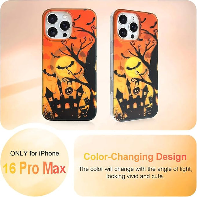 Halloween Case for iPhone 16 Pro Max Case [ Compatible with Magsafe ] Holographic Orange Sky with Black Castle, Bats, Ghosts, Pumpkins Pattern Design, Creative Magnetic Protective Phone Cover