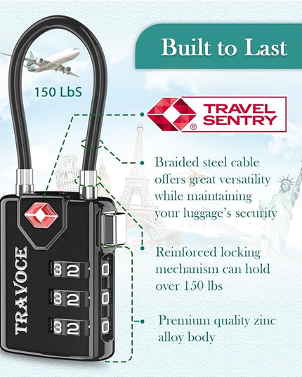 TSA Approved Luggage Locks, Travel Locks Which Also Work Great as Gym Locks, Toolbox Lock, Backpack and More, Black 4 Pack