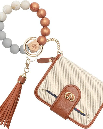 Multi-Purpose Wallet High Capacity Card Holder Zipper Coin Purse with Wristlet Bracelet Keychain Silicone Beaded Bangle Key Ring
