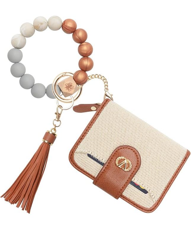 Multi-Purpose Wallet High Capacity Card Holder Zipper Coin Purse with Wristlet Bracelet Keychain Silicone Beaded Bangle Key Ring