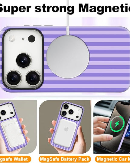 Magnetic for iPhone 17 Pro Case Cute Stripes Phone Case, Shockproof Slim TPU and Hard PC Protective Phone Cover Compatible with MagSafe Designed for Women Girls, Light Purple