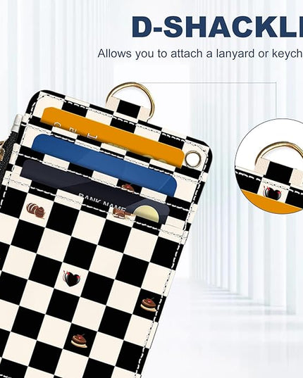 Slim Wallet Credit Card Holder, Checkered Pattern And Cake, RFID Wallet Women Cute Small Front Pocket Wallet With Zipper, PU Leather Thin travel RFID Blocking Card Case ID Window ,Ladies Gifts