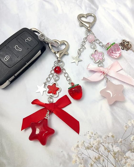 Keychain for Women Gold Bow Angel Wings KeyChains Novel Star Heart Strawberry Racket Pendants Bag Charm Key Chains