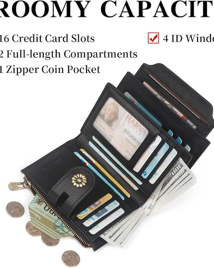 Blucoay Wallet Women,RFID Blocking Leather Womens Wallet Bifold Compact Card Holder Small Wallet for Women with Removable ID Window cowprint black