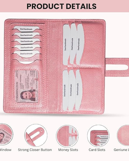DEERHANDMADE womens wallet (Holds 15-18 Cards, 4 Flat Pockets, 1 ID Windows) Genuine Leather clutch purses for women | Slim long wallets for women | rfid blocking wallet (pink wallets)