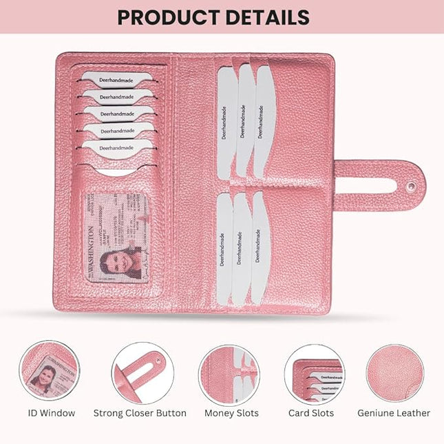 DEERHANDMADE womens wallet (Holds 15-18 Cards, 4 Flat Pockets, 1 ID Windows) Genuine Leather clutch purses for women | Slim long wallets for women | rfid blocking wallet (pink wallets)