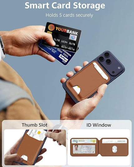 TopMade for Magsafe Wallet, Magnetic Card Holder for iPhone 17/16/15/14/13/12 Series, Strongest Magnetic Phone Wallet Stand Adjustable, 5 Cards Holder, RFID Blocking, ID Window, Vegan Leather, Brown