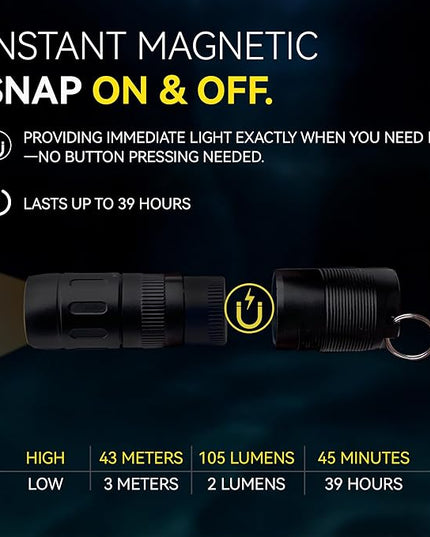 CLT Mini EDC Rechargeable Flashlight Magnetic Keychain, Snap on/off, 105 Lumen, Portable and Compact LED Keychain Flashlights - Durable Built-in Battery Ideal for Everyday Carry - Black