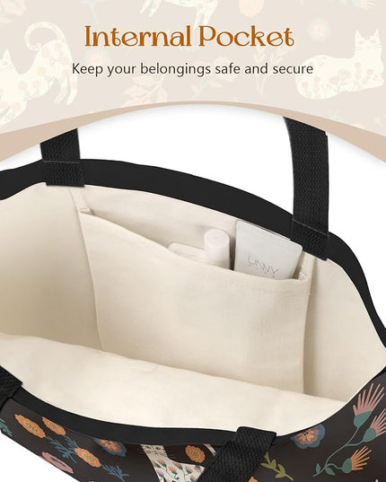 Canvas Tote Bag with Pockets - Aesthetic Reusable Totes for Women Ladies Cute Printed Cloths Canvas Shoulder Bag