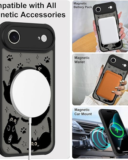 Cute Magnetic Case for iPhone Air Case [ Compatible with MagSafe ] with Black Cats Cat Pattern Design for Women Girls Boys, Soft Bumper Hard Back Kawaii Animal Protective Phone Cover