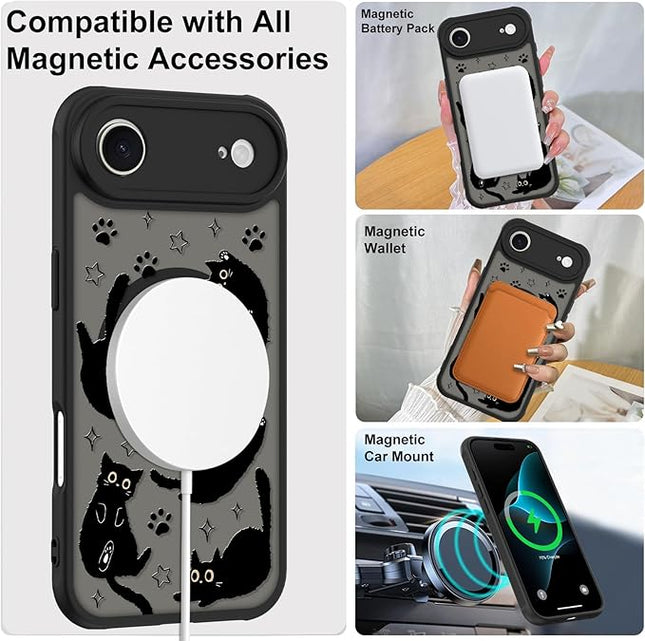 Cute Magnetic Case for iPhone Air Case [ Compatible with MagSafe ] with Black Cats Cat Pattern Design for Women Girls Boys, Soft Bumper Hard Back Kawaii Animal Protective Phone Cover