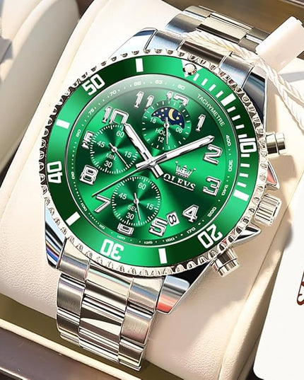OLEVS Mens Watches Chronograph Watch Luxury Dress Stainless Steel Waterproof Watches for Men Moon Phase Luminous Business Calendar Wrist Watch Blue/Black/Green/Gold/Face