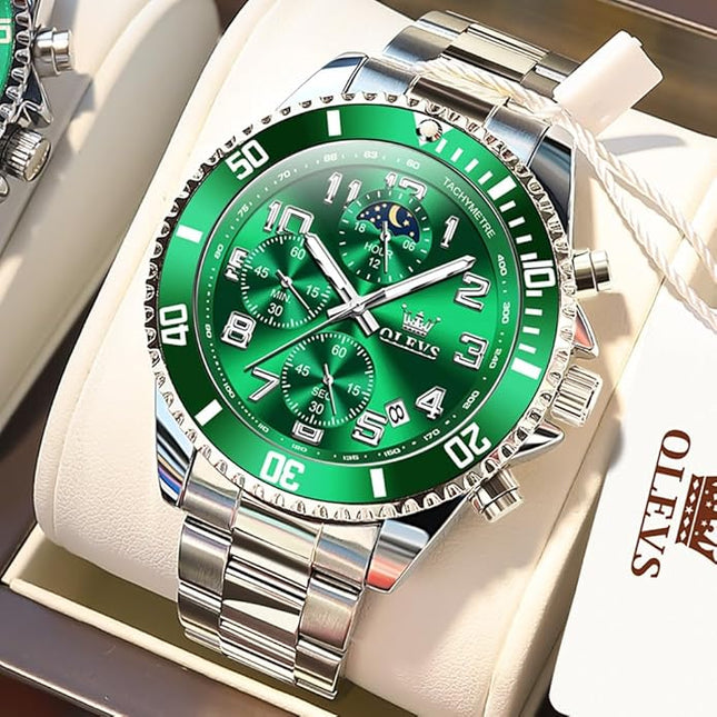 OLEVS Mens Watches Chronograph Watch Luxury Dress Stainless Steel Waterproof Watches for Men Moon Phase Luminous Business Calendar Wrist Watch Blue/Black/Green/Gold/Face