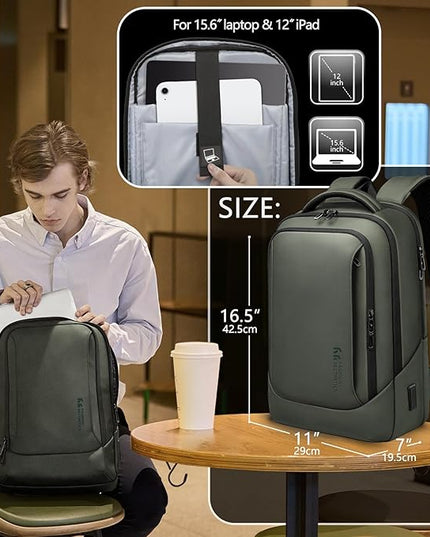 hk Laptop Backpack for Men with USB Charging Port Water-Resistant for 15.6 Inch Computer Bag Durable High-Tech Daypack Casual Backpack for Business Work College Weekender Travel- Green