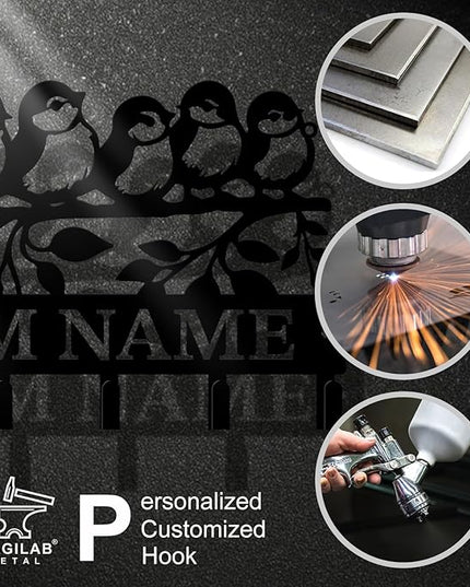 Personalized Custom Name Birds of Trees Wall Key Hooks,Metal Birds of Trees Art Clothes Hooks,Metal Birds of Trees Wall Home Storage Decorative,For Front Door, Hallway, Kitchen, Bedroom (Style C)