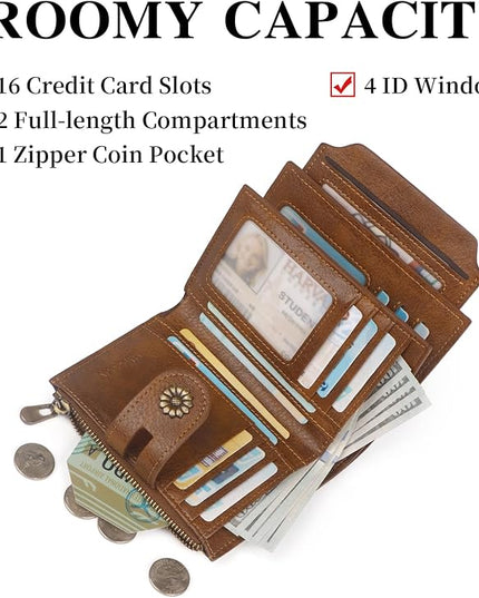 Blucoay Wallet Women,RFID Blocking Leather Womens Wallet Bifold Compact Small Wallet for Women Card Holder with Removable ID Window cowprint brown