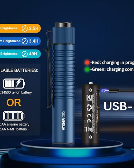 VTIGER T1A Mini Pocket EDC Flashlight with Clip,1300 Lumen Compact AA Rechargeable LED Little Flashlights, Super Bright Tail Switch Small Flash Light with Magnet for Camping,Hiking,Outdoor,Emergency