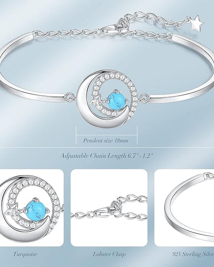 FANCIME Birthstone Bracelets 925 Sterling Silver Moon and Star Bangle Charm Bracelet Fine Jewelry Birthday Anniversary Christmas Day Gift for Her Women, Adjustable Chain 6.7"+1.2" Extend