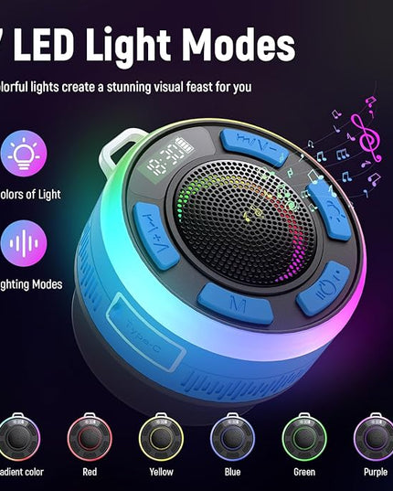 IPX7 Waterproof Shower Bluetooth Speaker, Portable Small Speaker with Suction Cup and Time Display, Loud Crystal Sound & Bass 10H Playtime 1100mAh, Wireless Shower Speakers for Pool, Beach Gift Blue