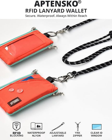 RFID Travel Wallet with Adjustable Lanyard-Zipper Small Wallet with ID Card Holder, Keychain for women&men-Minimalist Slim Waterproof Nylon case for ID, Cash, Key (Blazing Orange)