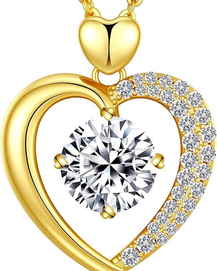 Beam & Bask Moissanite Heart Pendant Necklaces for Women, Engraved with LOVE, Sterling Silver Plated with 18K Gold, Anniversary and Birthday Jewelry for Wife, Girlfriend, Mom, or Her
