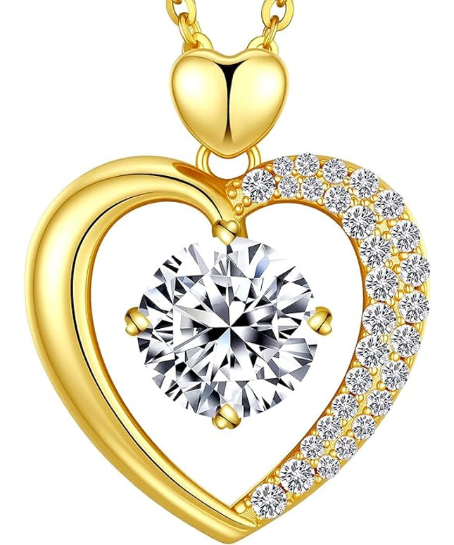 Beam & Bask Moissanite Heart Pendant Necklaces for Women, Engraved with LOVE, Sterling Silver Plated with 18K Gold, Anniversary and Birthday Jewelry for Wife, Girlfriend, Mom, or Her