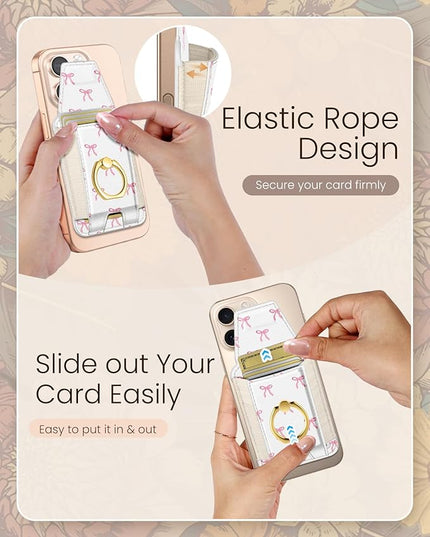 Shorogyt Compatible with Magsafe Wallet with Ring Grip Magnetic Card Holder - Cute Phone Wallets with Stand for iPhone 17/16/15/14/13/12 Series for Women Girls Bow Design, Fit 7 Cards