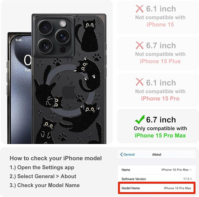 Cute Case for iPhone 15 Pro Max Case for Women Girls Boys [Compatible with Magsafe] Kawaii Black Cats Cat Pattern Design, Aesthetic Girly Animal Rectangle Magnetic Protective Phone Cover