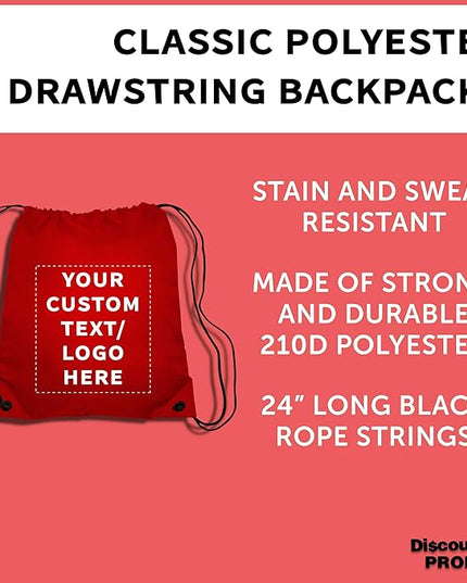 DISCOUNT PROMOS Custom Classic Polyester Drawstring Bagpack Set of 10/50/100, Personalized Bulk Pack - Great for Travelling, Gym and for Everyday Use - Red