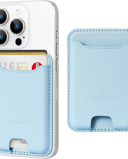 TopMade Phone Card Holder, Premium Leather Phone Wallet Stick on, Stronger 3M Adhesive Credit Card Holder for Back of Phone Case, iPhone, Samsung, and Android, RFID Blocking, Fit 4 Cards, Sky Blue