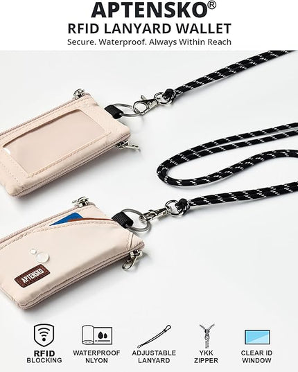 RFID Travel Wallet with Adjustable Lanyard-Zipper Small Wallet with ID Card Holder, Keychain for women&men-Minimalist Slim Waterproof Nylon case for ID, Cash, Key (Almond White)