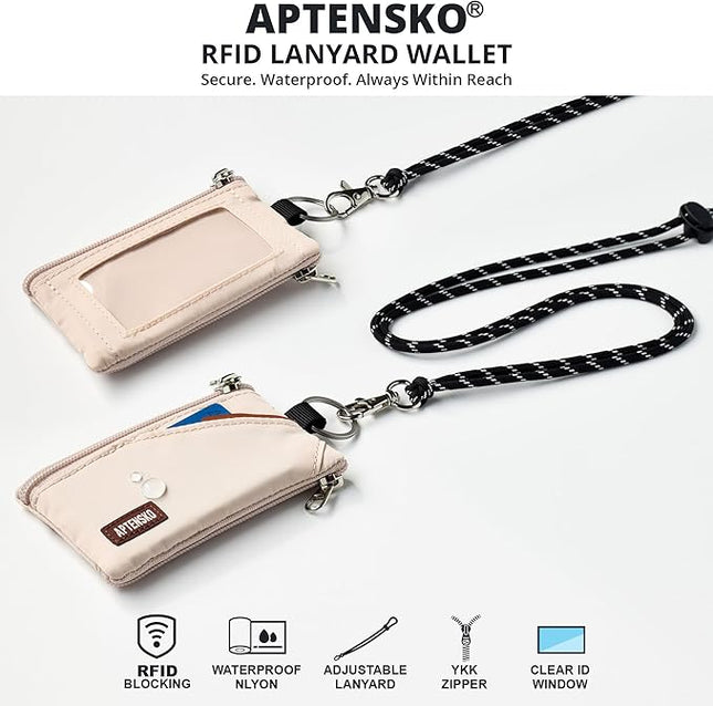 RFID Travel Wallet with Adjustable Lanyard-Zipper Small Wallet with ID Card Holder, Keychain for women&men-Minimalist Slim Waterproof Nylon case for ID, Cash, Key (Almond White)