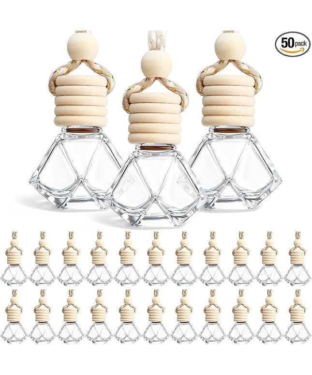 BBTO 50 Pcs Hanging Car Air Freshener Car Diffuser Bottles Empty Glass Perfume Bottle Freshener Diffuser Bottle Pendant for Essential Oil Fragrance Aromatherapy Bottle Ornament(Rhombus)