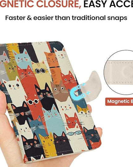 Passport Holder for Travel Essentials, RFID Blocking Leather Cover Wallet with Magnetic Closure, Aesthetic & Cute Passport Book Case for Women and Men - Cat
