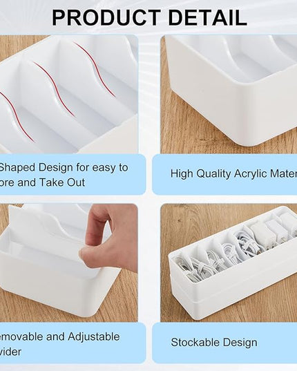 Tatuo 2 Pcs Cable Organizer with 20 Wire Ties, Plastic Cord Storage Charger Electronics Box with Adjustment Compartments for Drawer Home Office Desk Accessories (White)