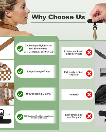 Clip and Go Strap for Phone with Wallet Crossbody, Adjustable Phone Lanyard with Detachable RFID Wristlet Wallet, Phone Strap with Phone Tabs for All Phones, Bronze Checkered (M)