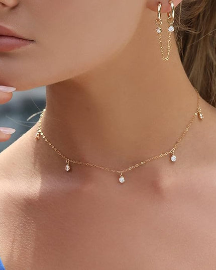 Tewiky Dainty 14k Gold Plated/Silver Cubic Zirconia Necklaces for Women, Simple CZ Jewelry Necklaces Trendy Gifts