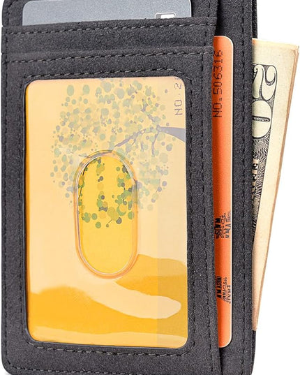 Buffway Slim Minimalist Front Pocket RFID Blocking Leather Wallets for Men and Women - At Sahara Carbon Black