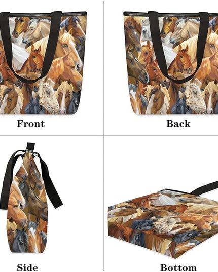 Pardick Watercolor Horse Print Canvas Tote Bag, Eco Friendly Reusable Grocery Shopping Bags Beach Bag Book Tote Handbags Washable Shoulder Bag With Zipper Inner Pocket for Women Girls