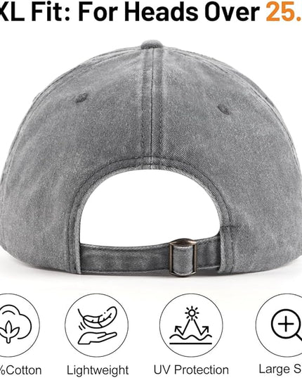 XXL Oversize Washed Denim Baseball Cap,Low Profile Jean Sports Cap for Big Heads 23.5"-25.5",Large Pigment Dyed Dad Hat