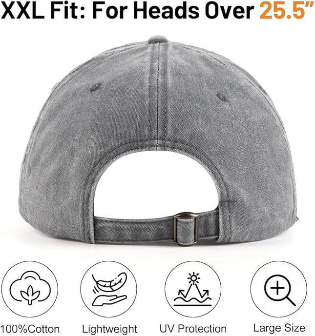 XXL Oversize Washed Denim Baseball Cap,Low Profile Jean Sports Cap for Big Heads 23.5"-25.5",Large Pigment Dyed Dad Hat