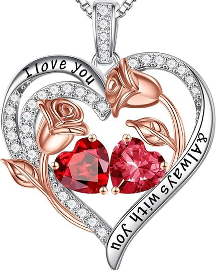 Iefil Christmas Gifts for Women Wife - 925 Sterling Silver Rose Heart Birthstone Necklace Birthday Anniversary Jewelry Gifts for Her Wife Mom Daughter