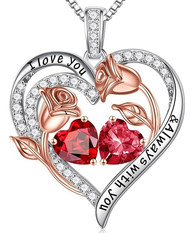 Iefil Christmas Gifts for Women Wife - 925 Sterling Silver Rose Heart Birthstone Necklace Birthday Anniversary Jewelry Gifts for Her Wife Mom Daughter