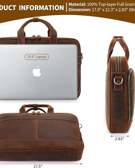 Jack&Chris Full Grain Leather Briefcase for Men, Business Messenger Bag Laptop Bag Attache Case, Fits 15.6 Inch Laptop